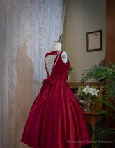 Wine Red Satin Tea Length Party Dress with Bow, Wine Red Wedding Party Dress